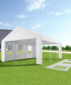 Großes weißes Partyzelt mit Fenstern für den Garten oder Events.