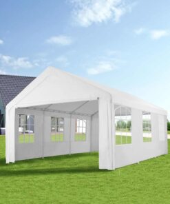 Helles Weißes Partyzelt mit großen Fenstern, ideal für Feste, Gartenpartys und Events im Freien.