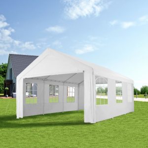 Helles Weißes Partyzelt mit großen Fenstern, ideal für Feste, Gartenpartys und Events im Freien.