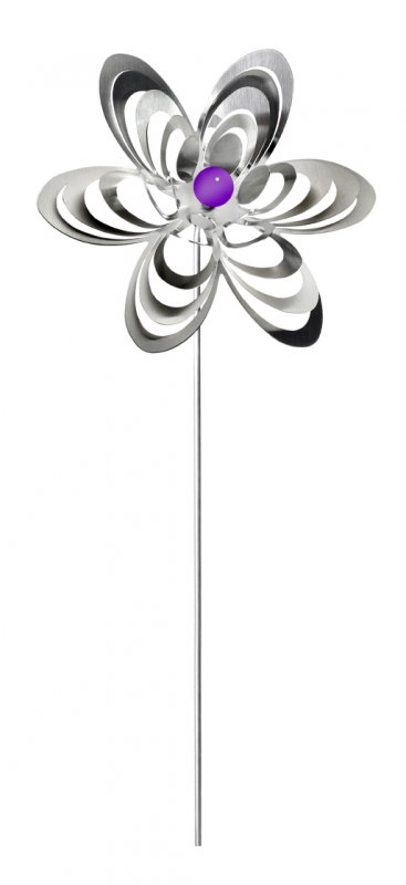 Dekorativer Blumenstecker mit silbernen, schimmernden Blüten und lilafarbenem Zentrum.