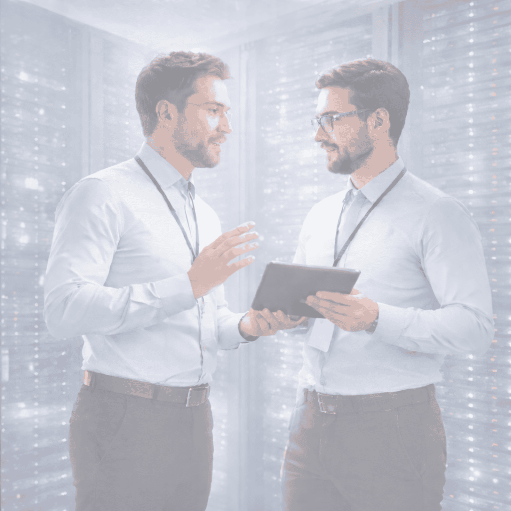 Zwei Männer im Gespräch im Serverraum mit Tablet, IT-Infrastruktur und Softwarelösungen.