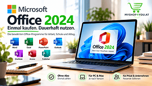 Microsoft Office 2024 mit Word, Excel, PowerPoint, Outlook, OneNote, Access und Publisher auf einem Laptop. Das Werbebild von MyShop4You zeigt die Vorteile einer Office-Kaufversion ohne Abo für Arbeit, Schule und Alltag.