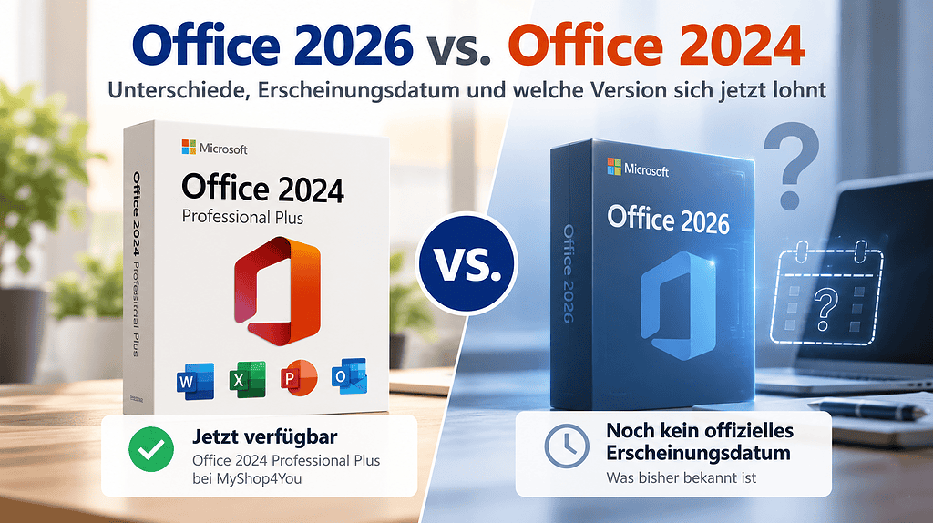 Office 2026 vs. Office 2024 – Vergleich der verfügbaren Office-Version mit einer möglichen zukünftigen Version ohne bestätigtes Erscheinungsdatum.